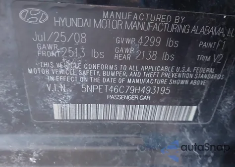 2009 Hyundai Sonata Gls z USA, uszkodzony, nr VIN 5NPET46C79H493195